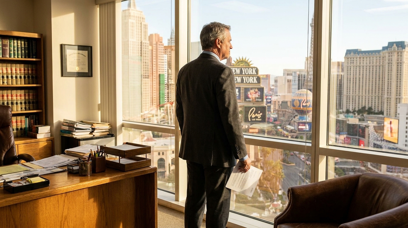 Las Vegas Credit Bureau Lawyer Overlooking the Strip attorney holding documents standing at office window overlooking Las Vegas Strip