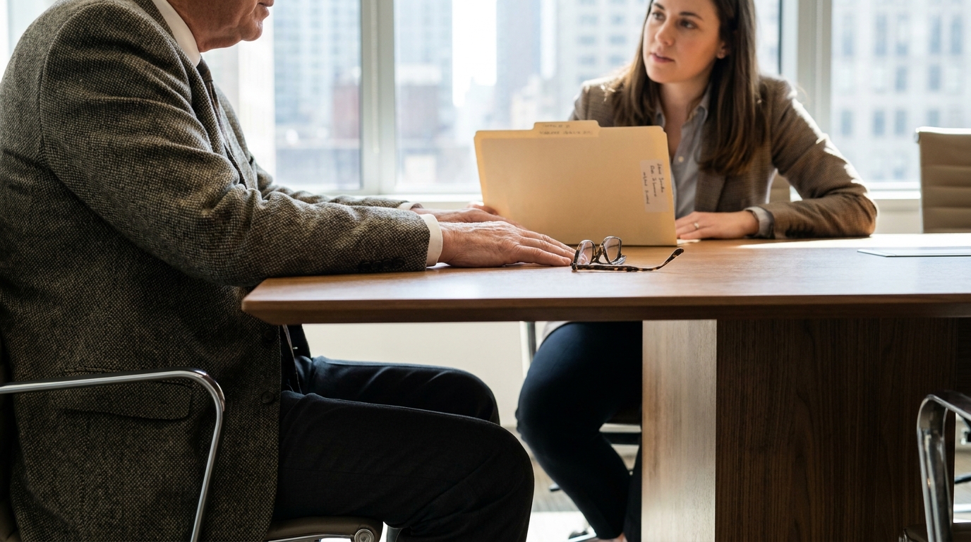New York Durable Power of Attorney Lawyer Client Consultation attorney and client reviewing open case folder across office conference table