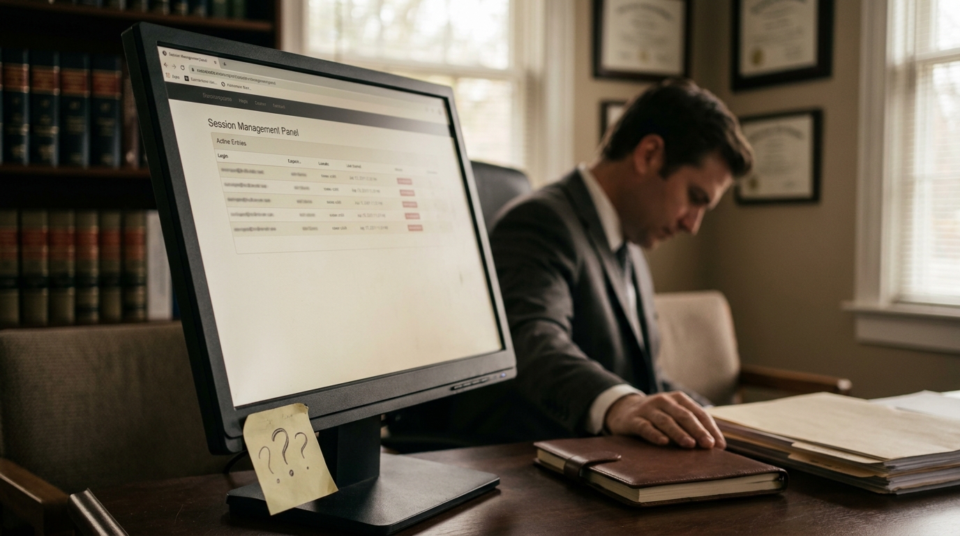 attorney at desk with monitor displaying Session Management Panel and sticky note with question marks