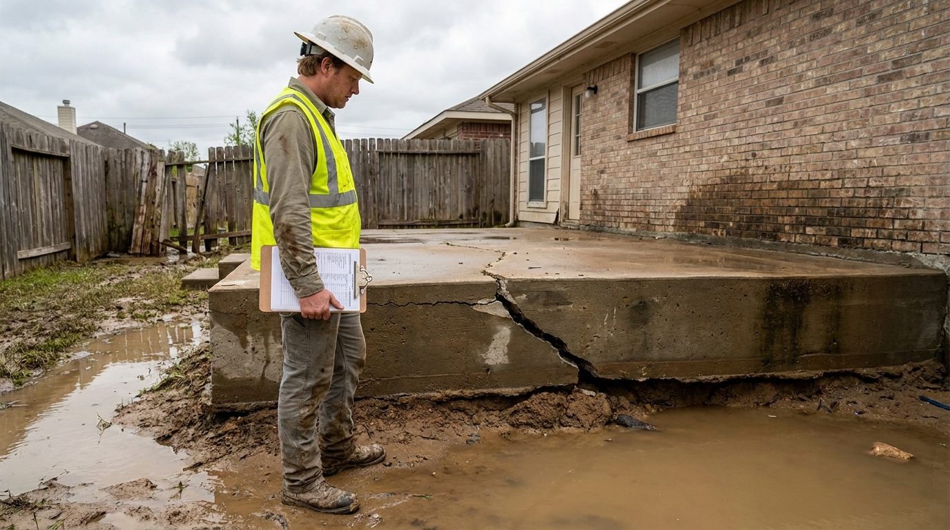 Inspector Assessing Houston Home Foundation Flood Damage inspector with clipboard examining cracked concrete foundation near flooded residential property