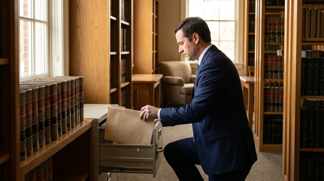 Newton Square Attorney Reviewing Records for Derivative Suit attorney in suit retrieving file folder from cabinet in law library