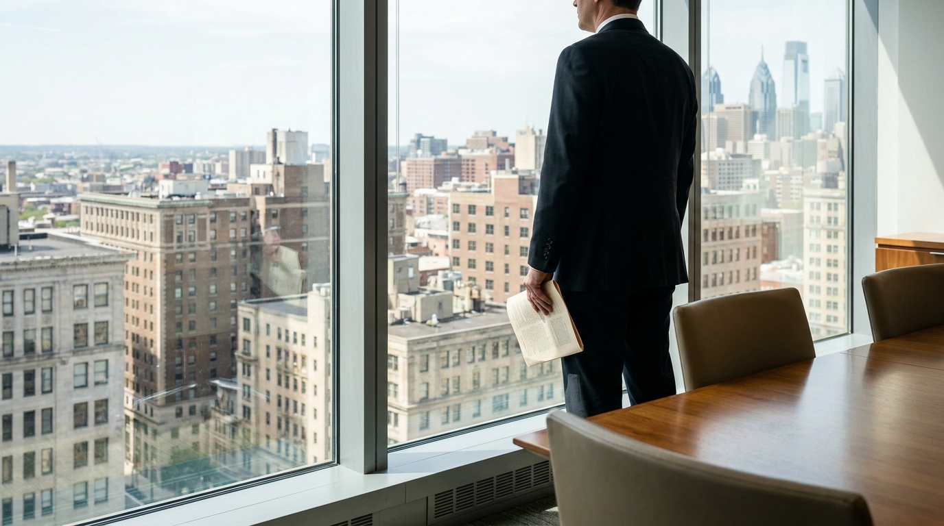 Corporate Takeover Attorney Reviewing Stockholder Case Pennsylvania suited attorney holding document standing at high-rise office window overlooking city skyline