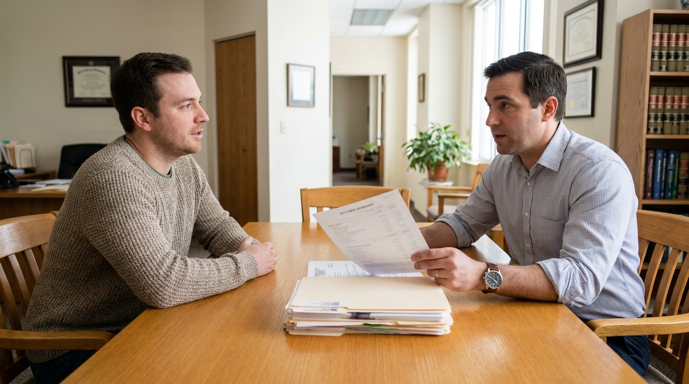Illinois Personal Injury Lawyer Reviewing Pain and Suffering Settlement attorney holding settlement worksheet reviewing case documents with client in law office