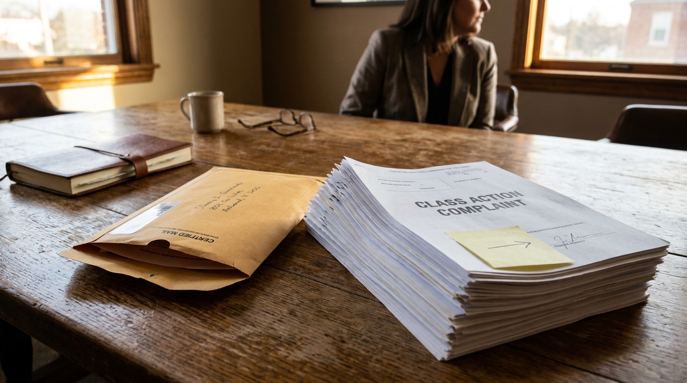 Lead Plaintiff Class Action Complaint Newton Square Pennsylvania Class Action Complaint document stack beside certified mail envelope on wooden table