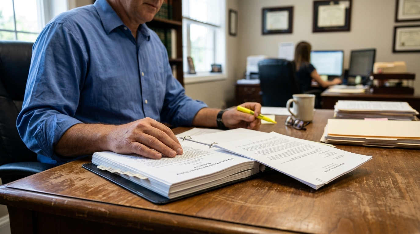 Fort Lauderdale Truck Accident Attorney Reviewing Insurance Policy Documents attorney reviewing open binder of legal documents at desk holding highlighter