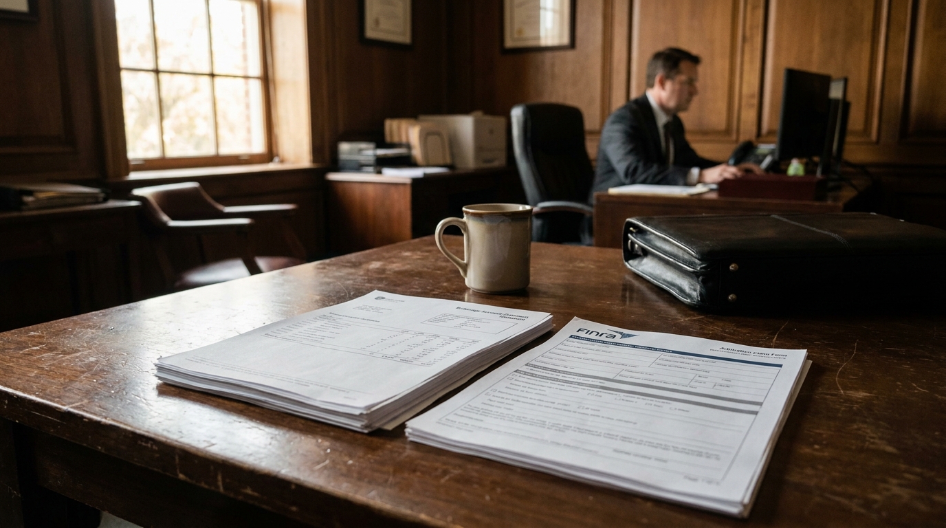 Newton Square FINRA Arbitration Claim Desk Brokerage Negligence FINRA arbitration claim form and brokerage account statement on wooden desk
