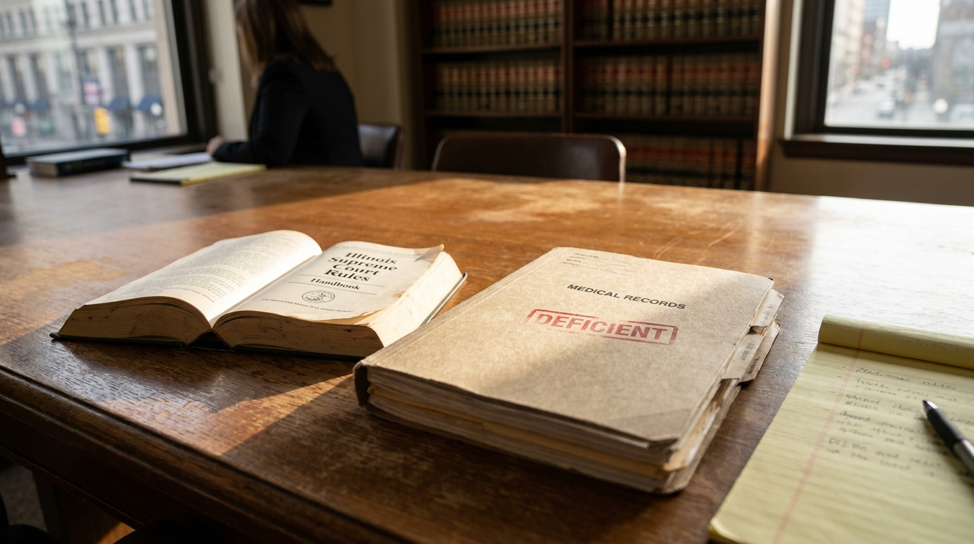 Deficient Medical Records File Illinois Malpractice Law Office Medical Records Deficient stamped folder beside open Illinois Supreme Court Rules Handbook on law office desk
