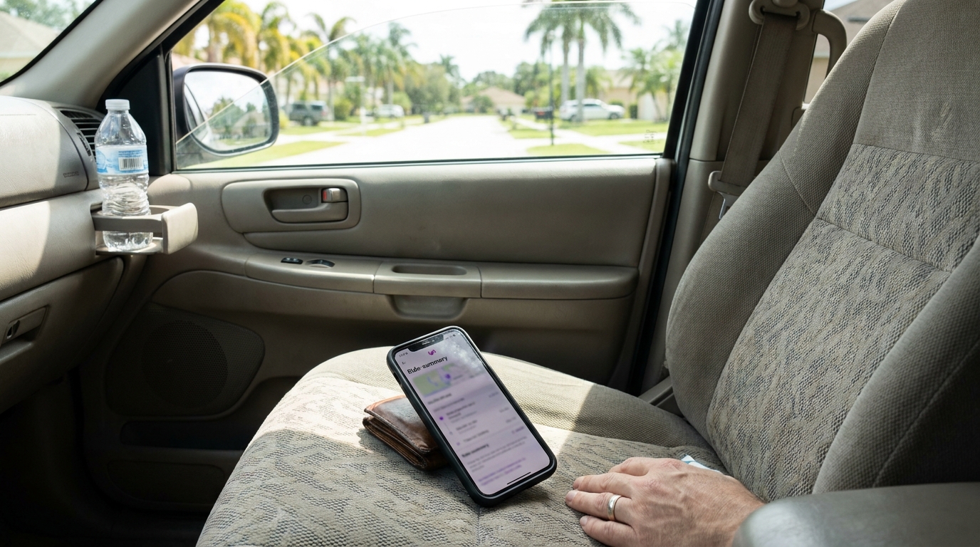 Lyft App Ride Summary on Phone in Fort Lauderdale Vehicle smartphone displaying ride summary app on vehicle passenger seat beside wallet