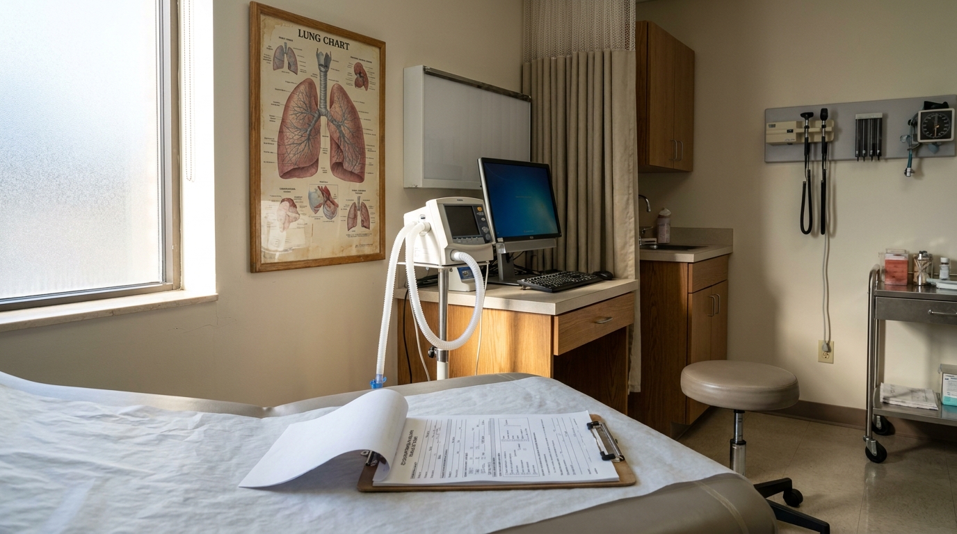 medical exam room with lung chart poster, clipboard, and diagnostic equipment