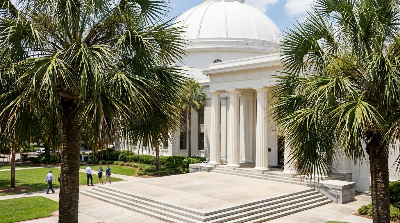 domed government courthouse building with columns, steps, and palm trees outside