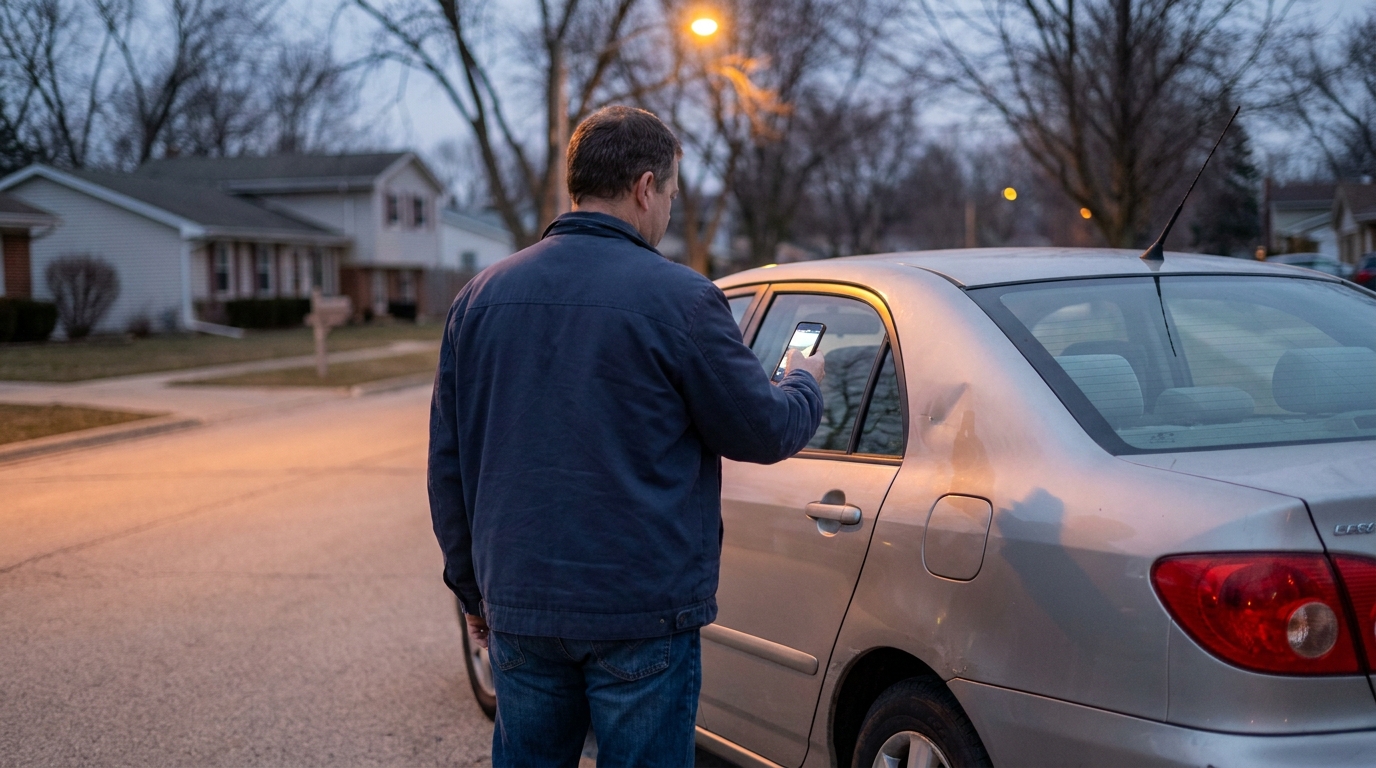 Illinois Driver Photographing Car Damage After Crash man photographing vehicle damage with smartphone on residential street at dusk