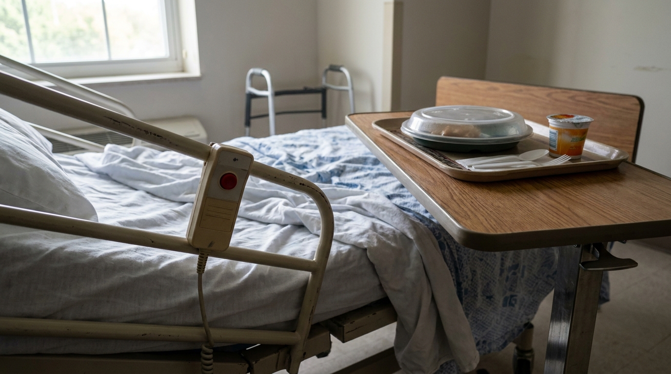 Illinois Nursing Home Neglect Empty Bed Untouched Meal nursing home bed with call button, meal tray, and walker in background