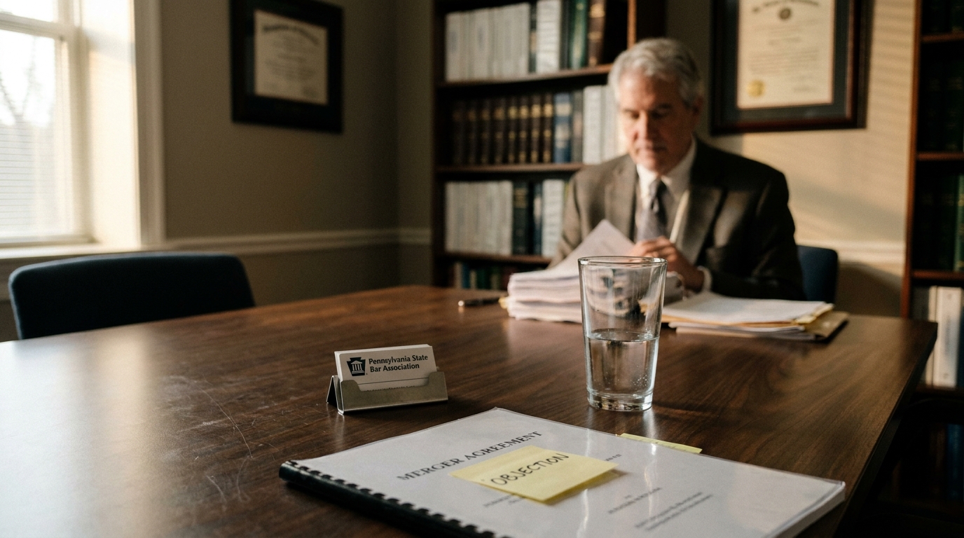 Newton Square Merger Objection Lawsuit Attorney Reviewing Agreement attorney reviewing documents beside Merger Agreement with Objection sticky note and Pennsylvania State Bar Association card