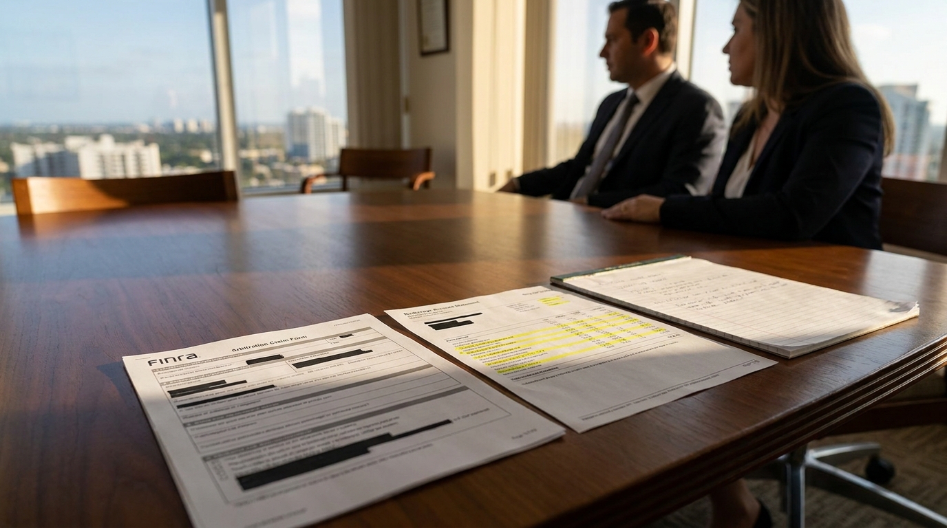 Miami Investor Meeting With Attorney Over FINRA Arbitration Claim FINRA arbitration claim form and brokerage account statement on conference table with two professionals