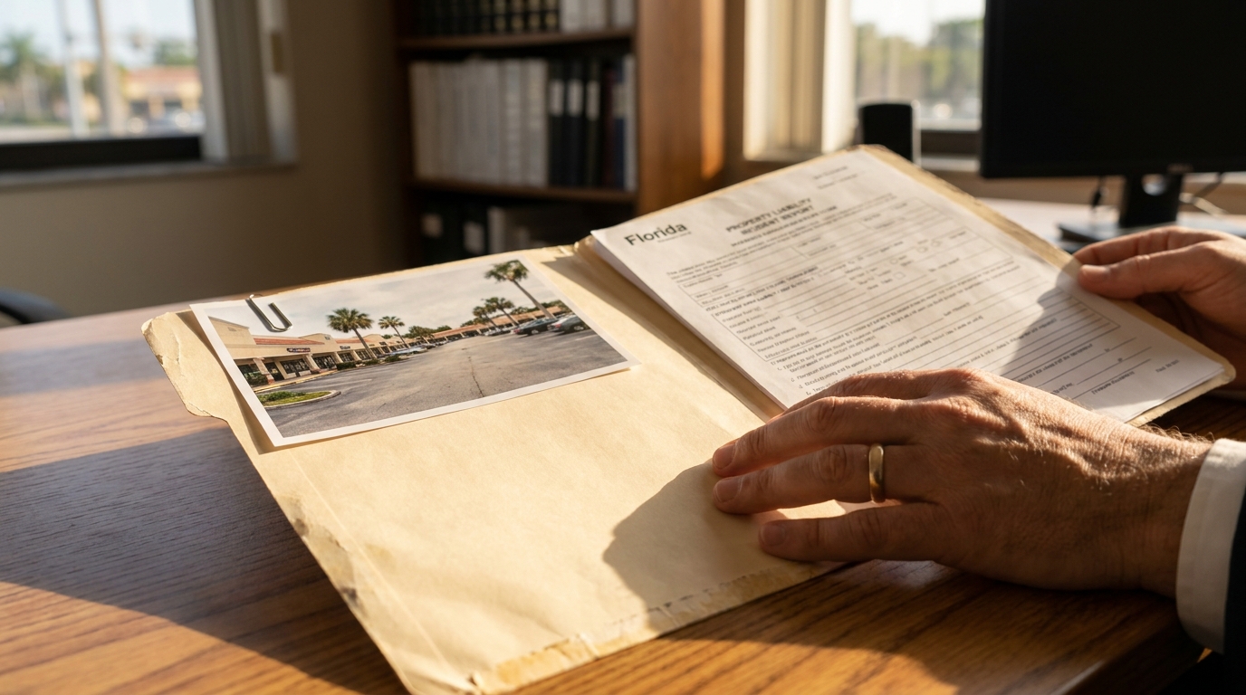 attorney reviewing Florida Property Liability Incident Report with property photo in case folder