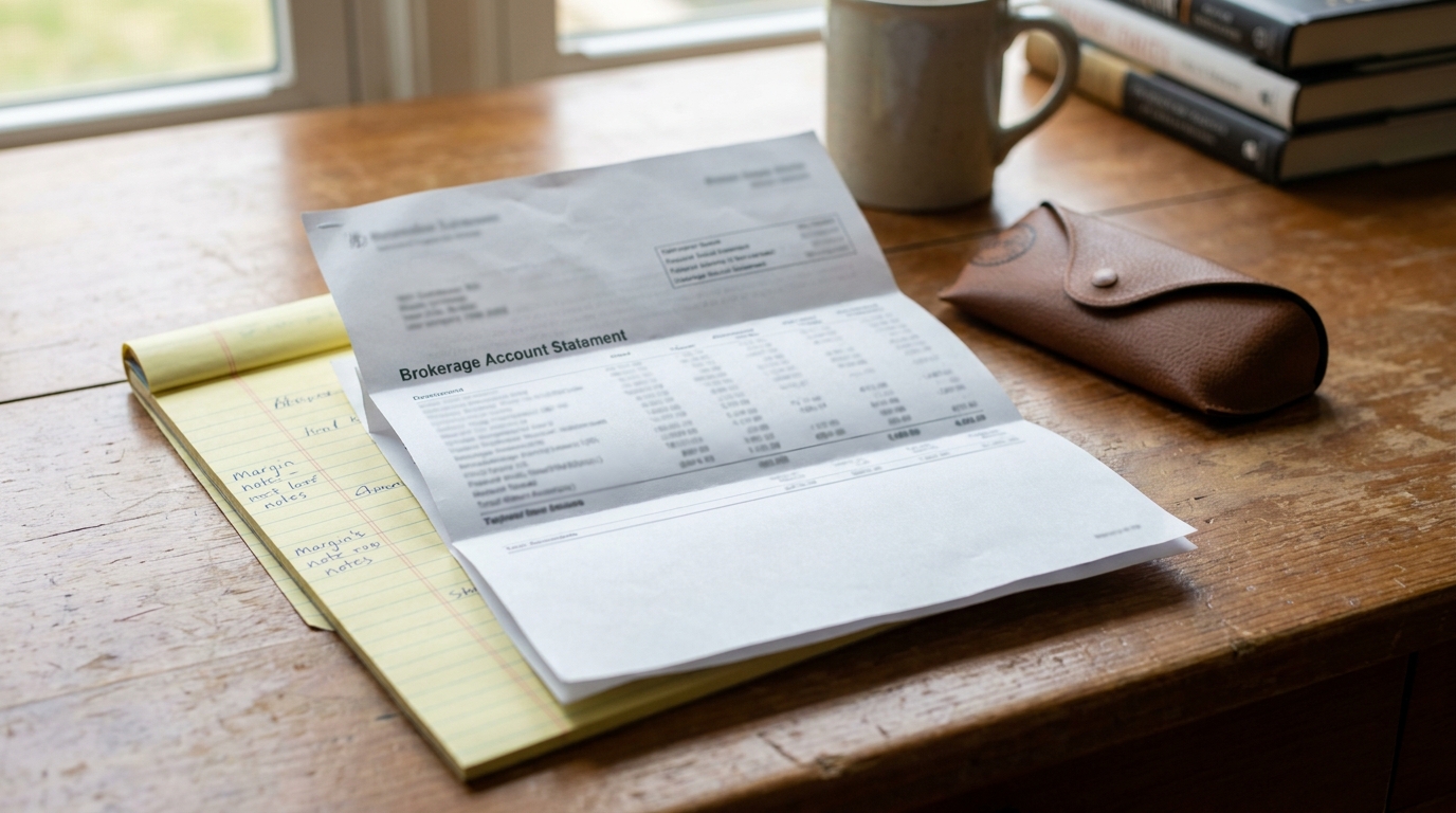 Brokerage Account Statement document resting on legal notepad on wooden desk