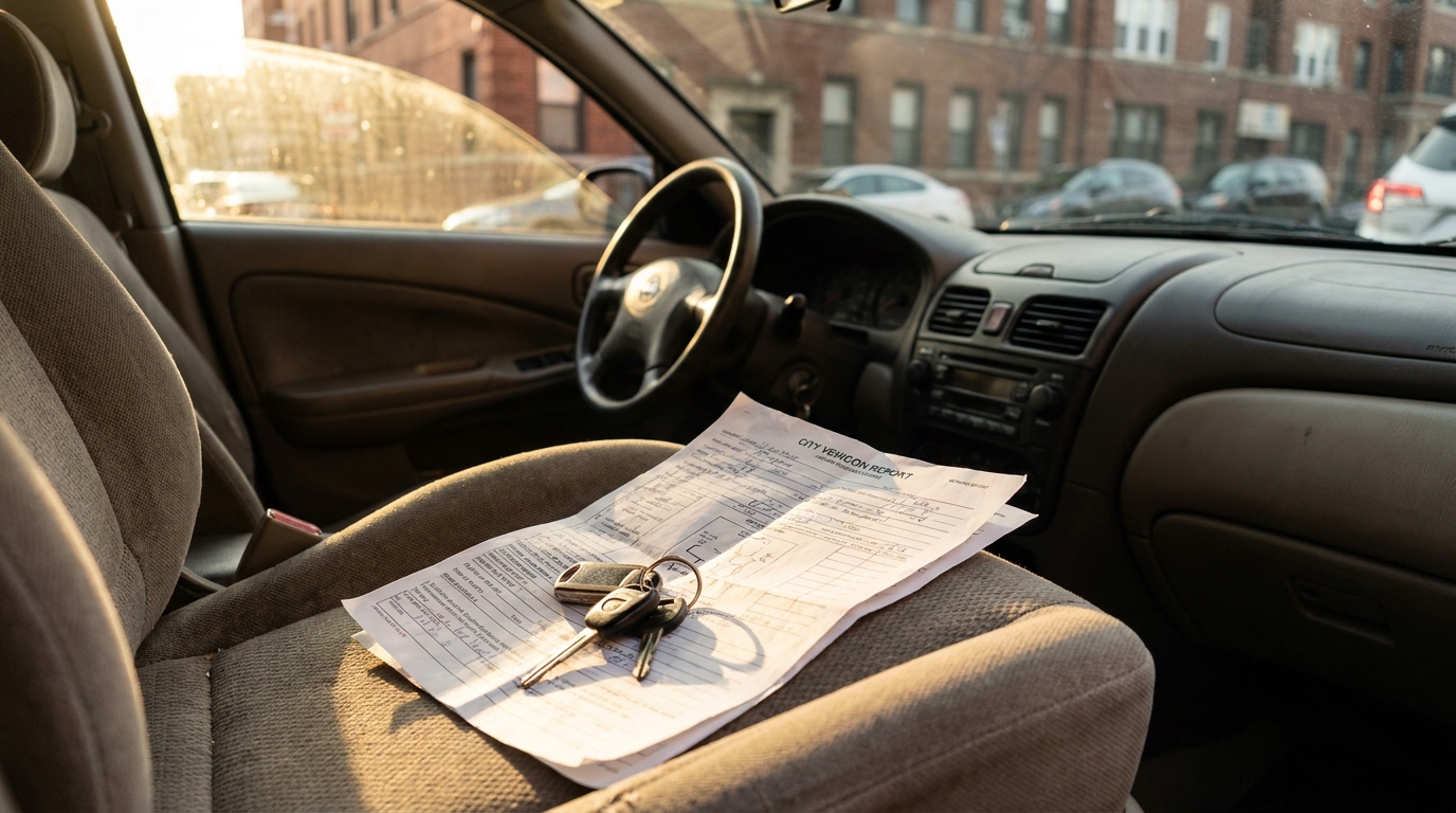 Chicago Car Accident Report and Keys on Seat City Vehicle Report form and car keys resting on vehicle passenger seat