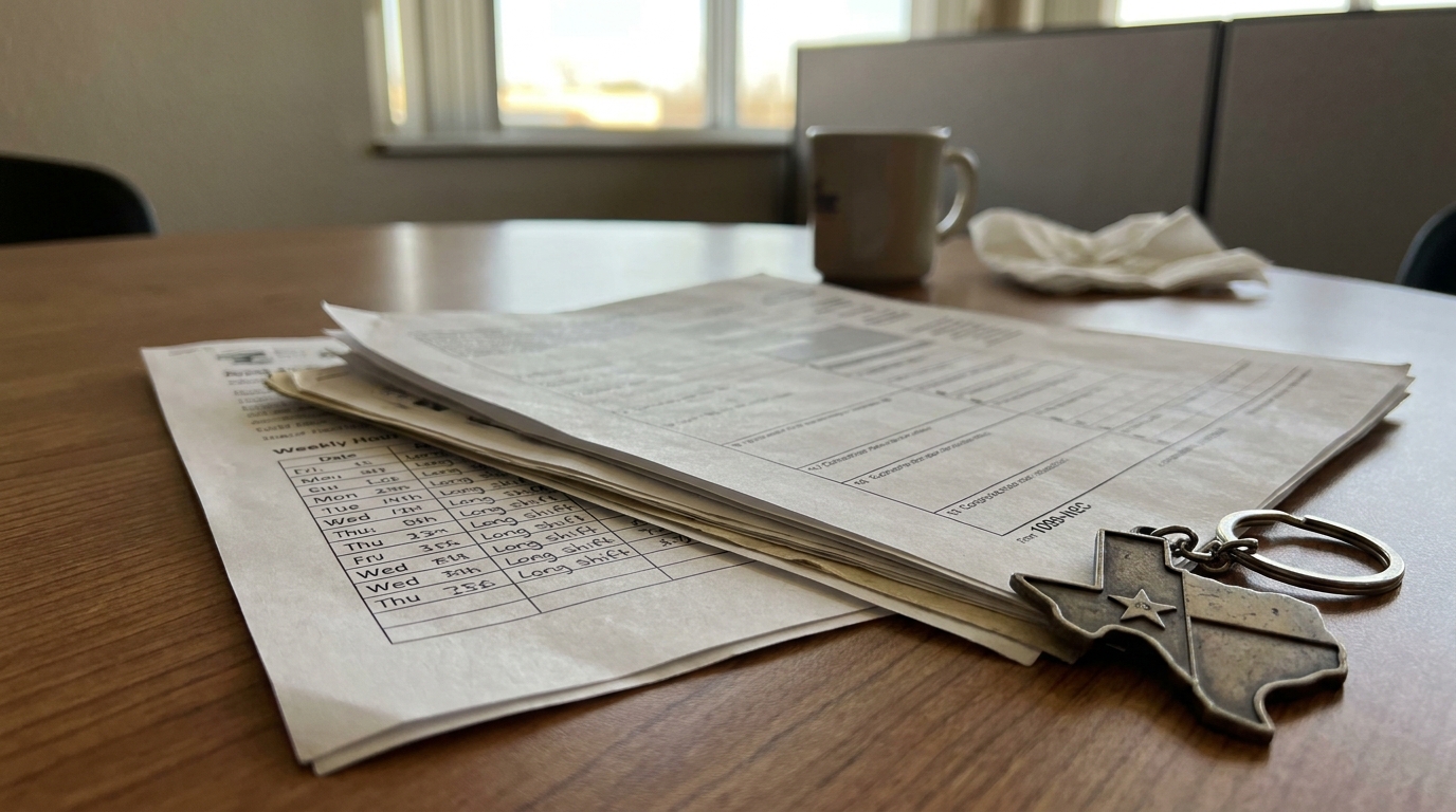 Texas 1099 Agreement and Weekly Hours Log Overtime Claim weekly hours work schedule documents stacked on desk beside Texas keychain
