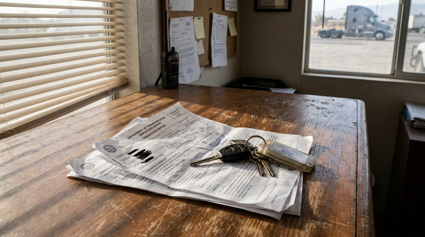 Truck Inspection Report and Keys Coachella Valley Accident Liability Department of Transportation inspection report and vehicle keys on wooden desk at trucking office