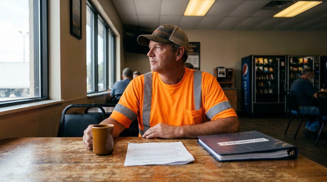 Orlando Truck Driver Reviewing DOT Compliance HOS Rules construction worker in safety vest seated at table with DOT Compliance binder and documents
