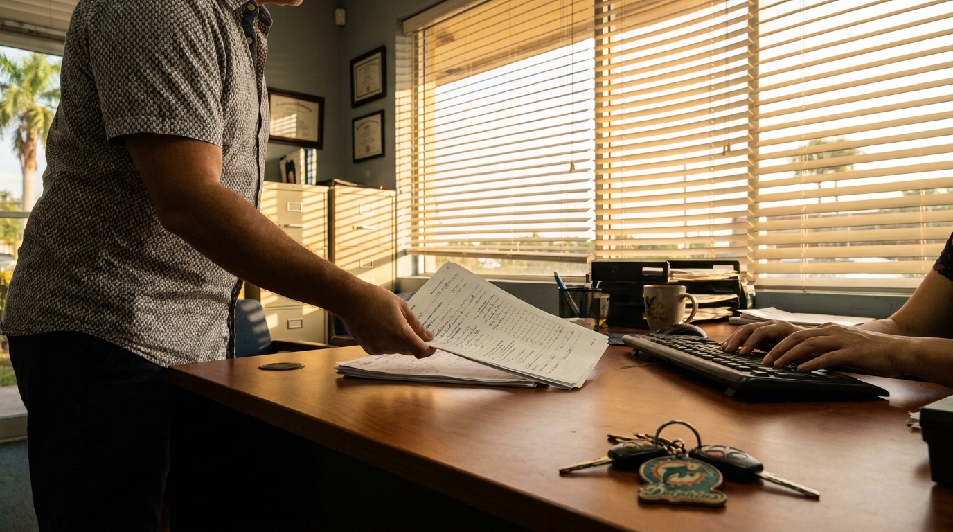 person handing handwritten documents across desk in professional office setting