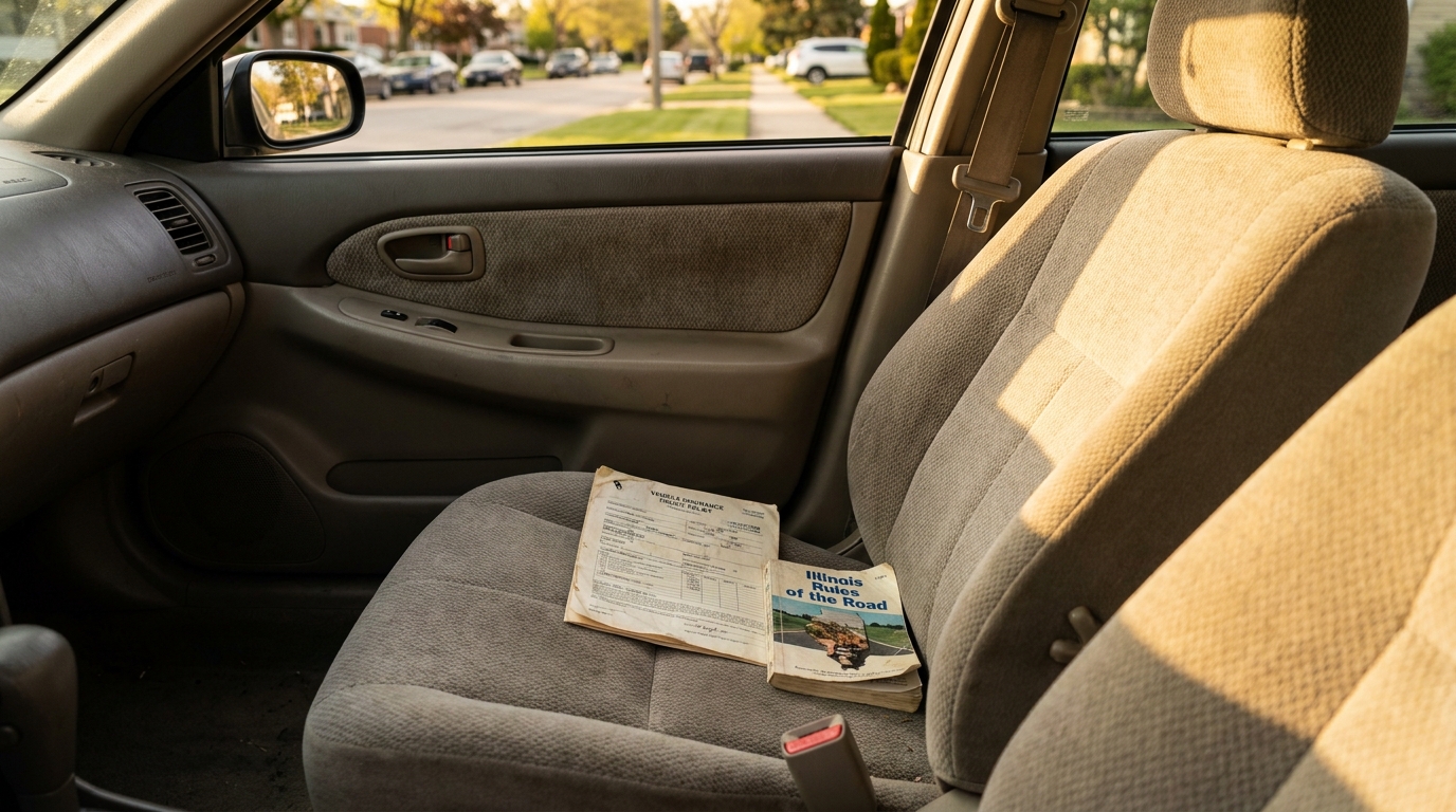 Illinois Rules of the Road Booklet and Insurance Form Car Seat vehicle insurance document and Illinois Rules of the Road booklet on car seat
