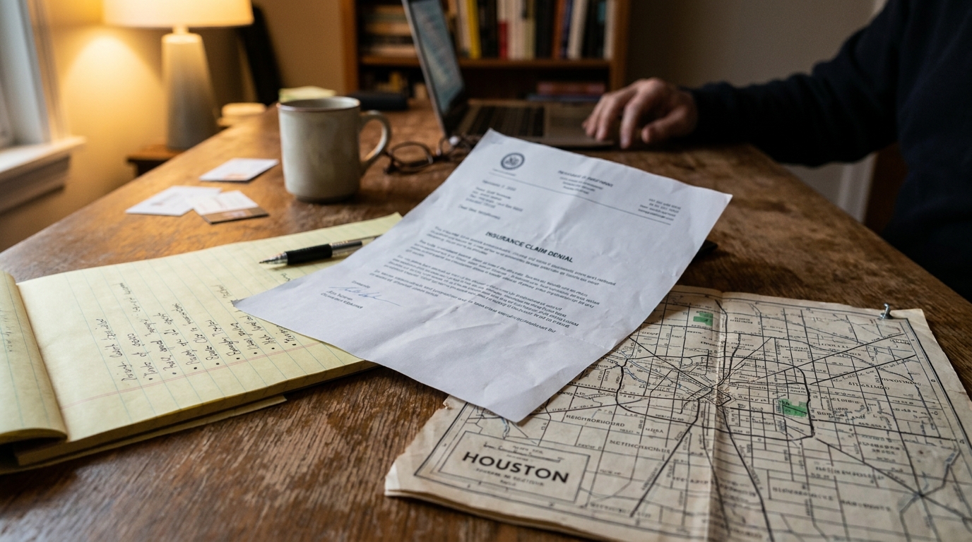 Houston Homeowner Reviewing Denied Insurance Claim TDI Complaint Insurance claim denial letter beside Houston map and handwritten legal notes on desk