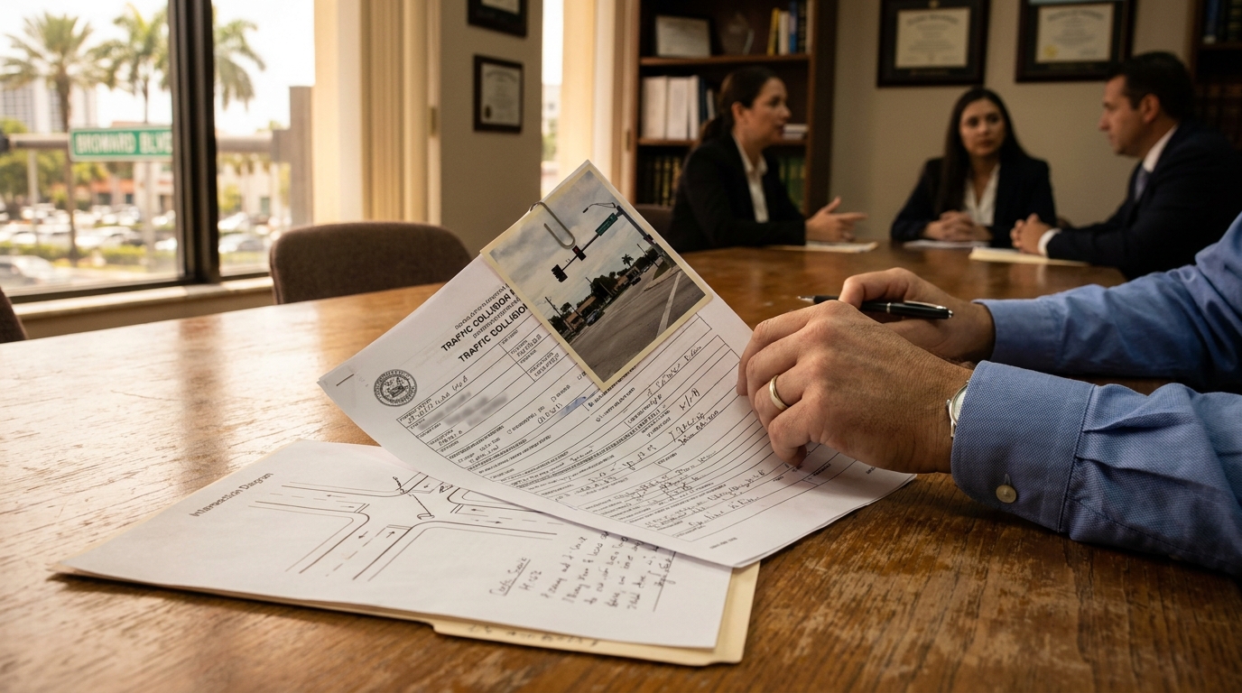 Fort Lauderdale Left Turn Crash Evidence Traffic Collision Report attorney holding pen reviewing traffic collision report with intersection diagram during legal meeting