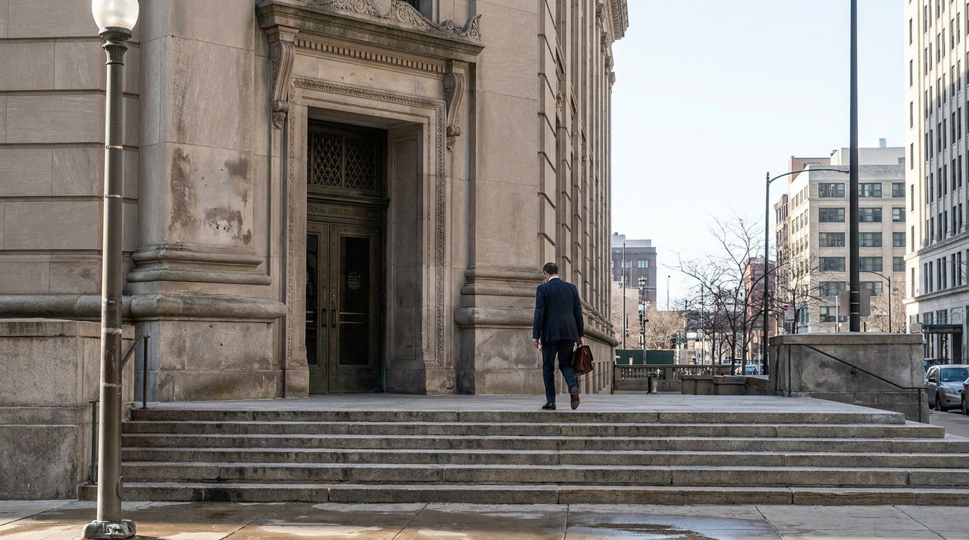 suited attorney carrying briefcase ascending steps toward ornate courthouse entrance