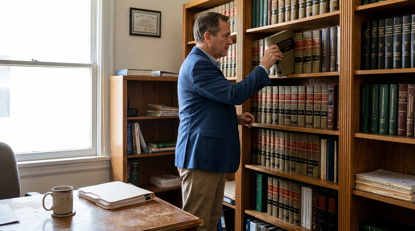 Los Angeles CLRA Attorney Pulling California Consumer Law Book attorney retrieving California Consumer Law book from office legal bookshelf