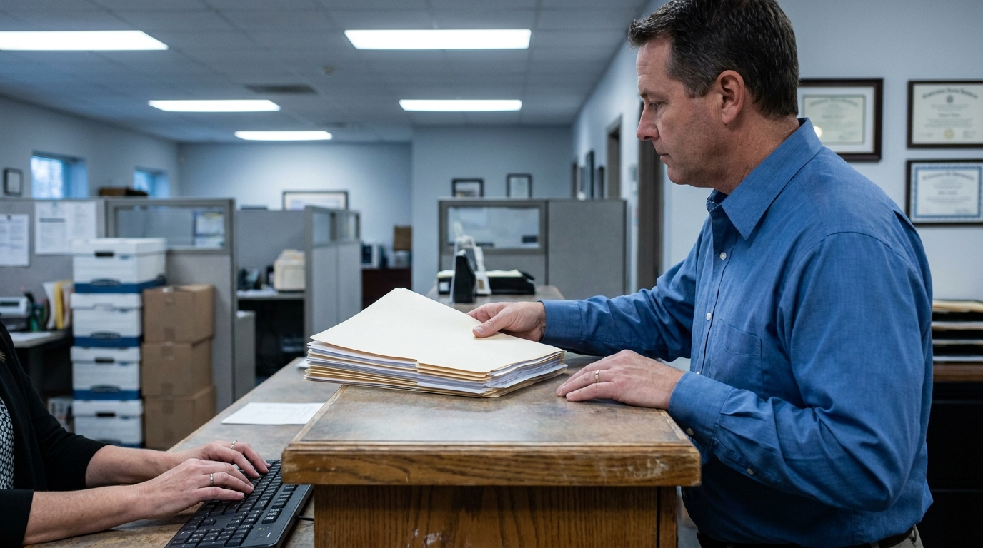 Houston Business Owner Filing Denied Insurance Claim Documents man handing stack of legal folders to staff member at office counter