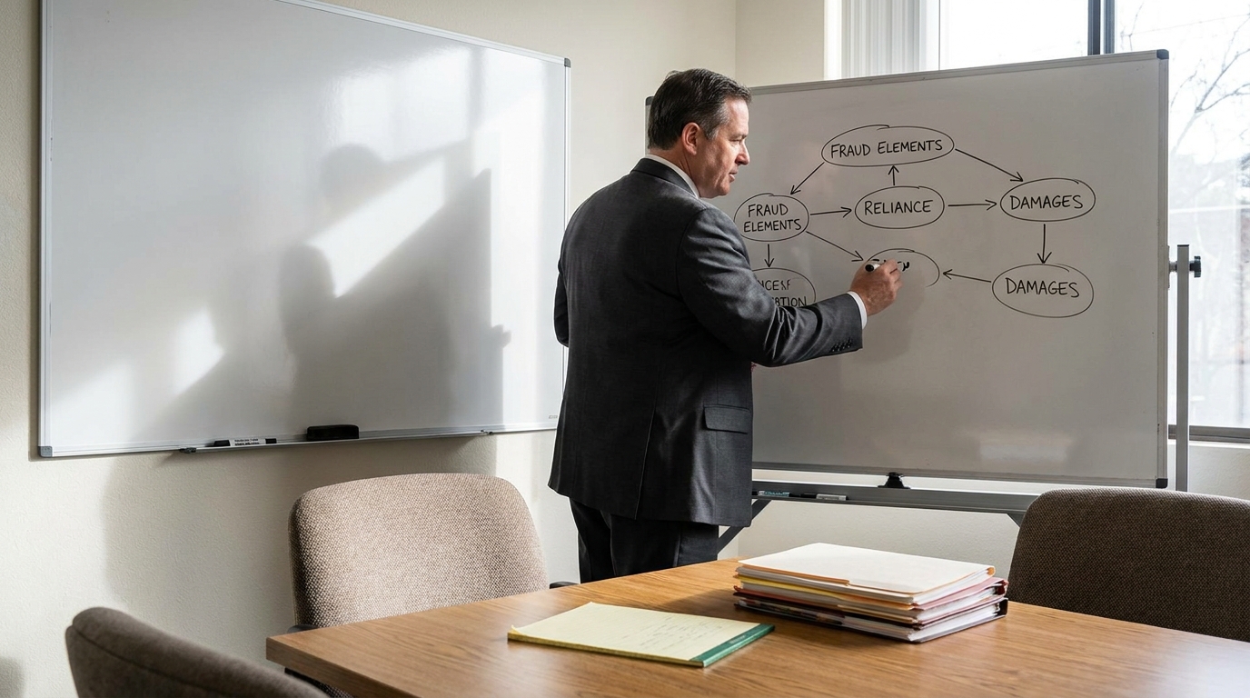 Los Angeles Fraud Attorney Explaining Civil Fraud Elements attorney writing fraud elements reliance damages diagram on whiteboard in conference room