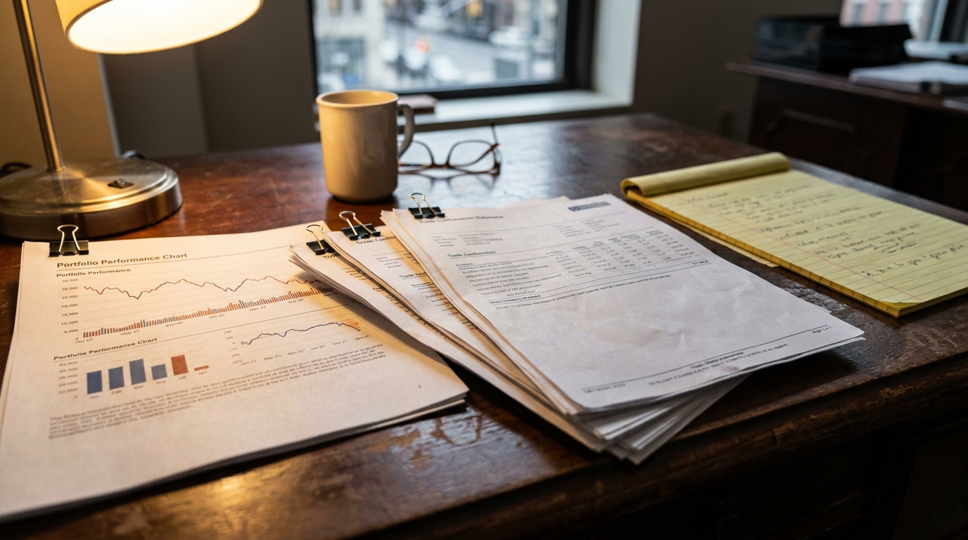 New York Broker Churning Portfolio Performance Documents on Desk Portfolio Performance Chart documents and Trade Confirmation statements clipped on wooden desk