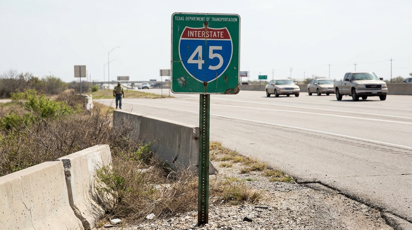 I-45 Interstate Sign on Houston Texas Dangerous Highway Texas Department of Transportation Interstate 45 highway sign beside active roadway