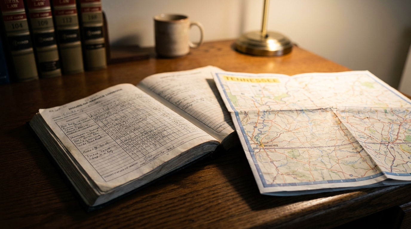 Memphis Truck Driver Hours of Service Logbook Tennessee Map open hours-of-service logbook beside Tennessee road map on wooden desk with law books
