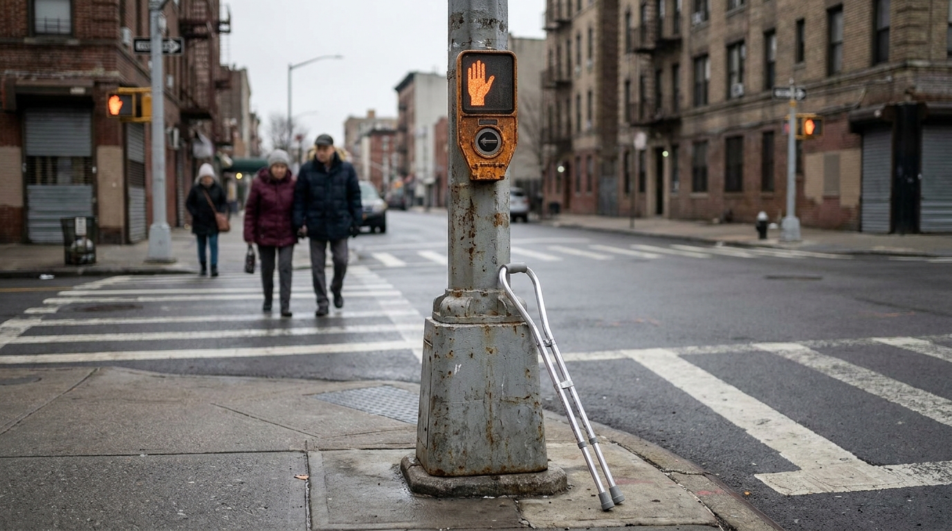 crutch leaning against crosswalk signal pole with pedestrians crossing urban intersection