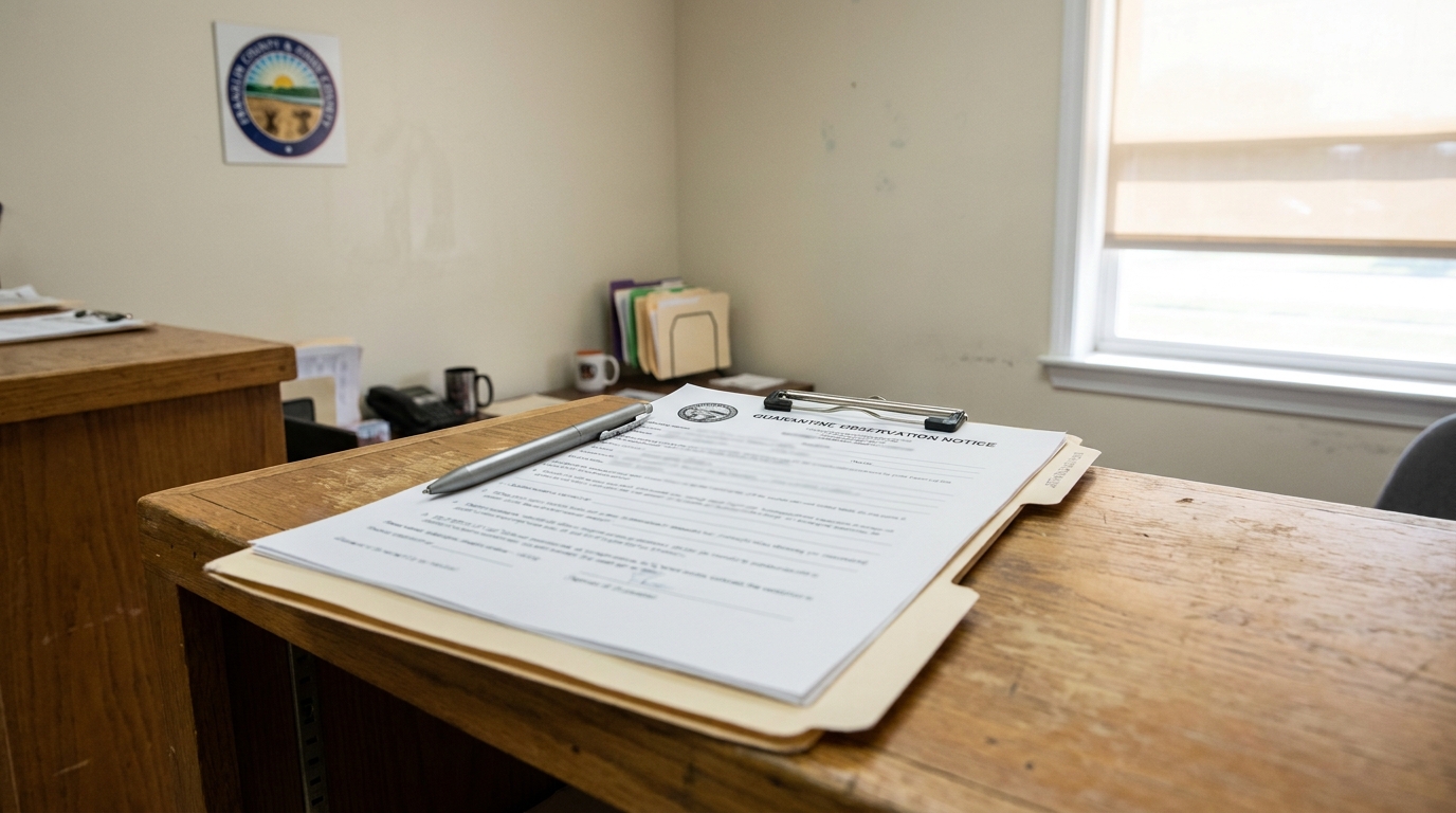 Quarantine Observation Notice on clipboard with pen resting on wooden desk