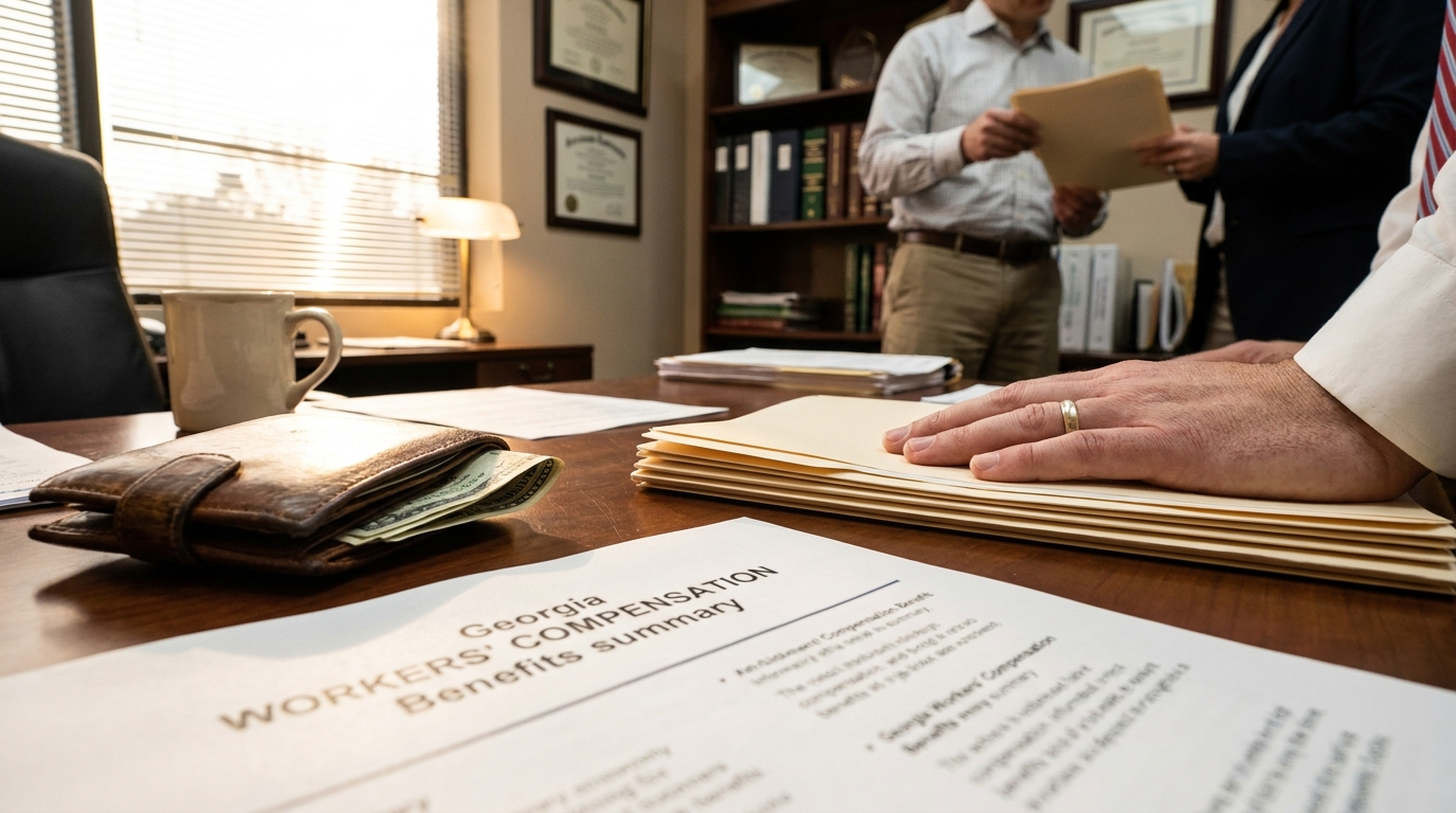 Atlanta Georgia Workers Compensation Benefits Summary Consultation Georgia Workers' Compensation Benefits Summary document on law office desk with case files