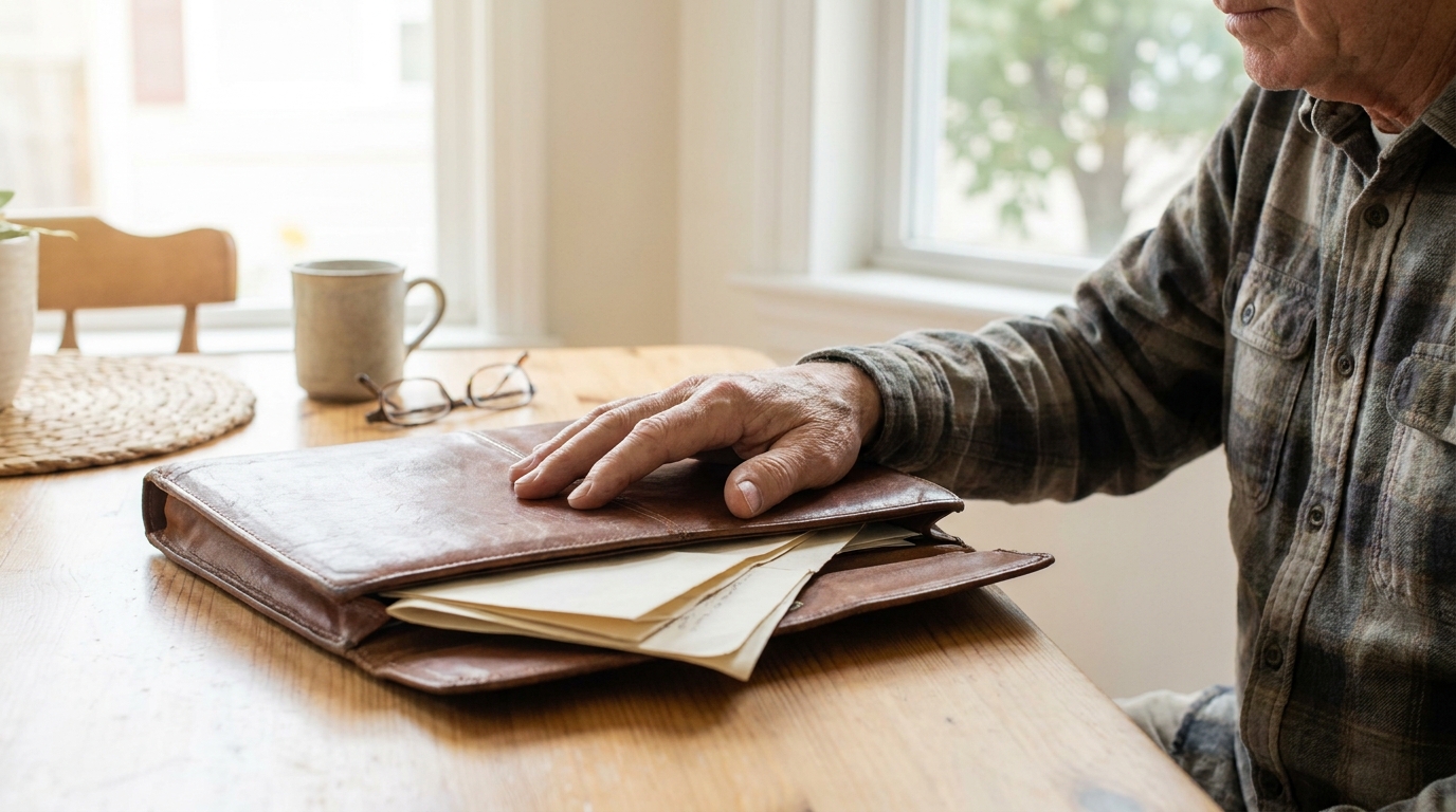 Elderly Man Reviewing Will Documents Buffalo New York elderly man placing hand on leather folder containing documents at wooden table