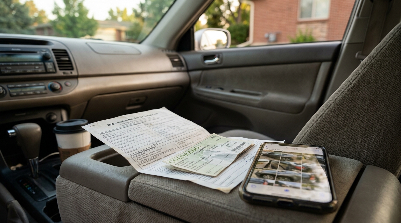 Centennial Colorado Car Accident Documents and Phone Evidence Motor Vehicle Accident Exchange Form, Colorado document, and smartphone resting on car seat