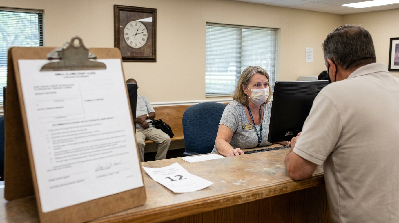 Small Claims Court clerk assisting person at courthouse counter with form on clipboard