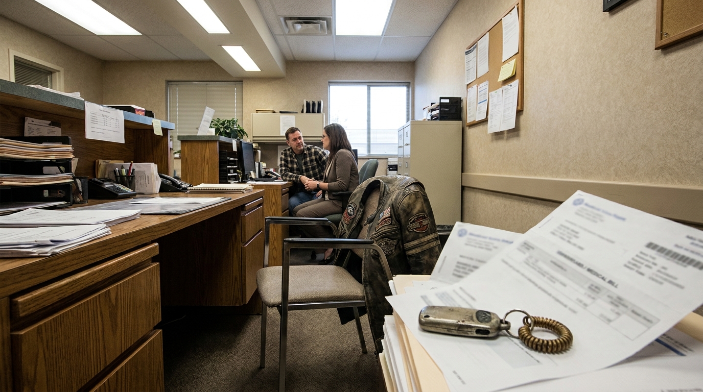 client meeting with attorney in office, medical bill documents and keys in foreground