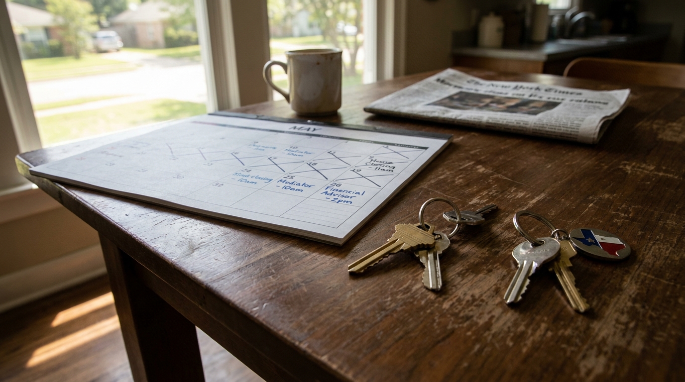 Texas Gray Divorce Calendar Planning With House Keys May calendar with mediator and house closing appointments beside house keys on wooden table