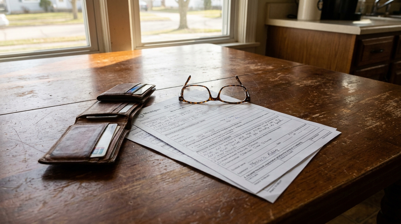Michigan Medicaid Application Form Flint Nursing Home Eligibility Michigan legal form with handwritten signature, eyeglasses, and wallet on wooden table