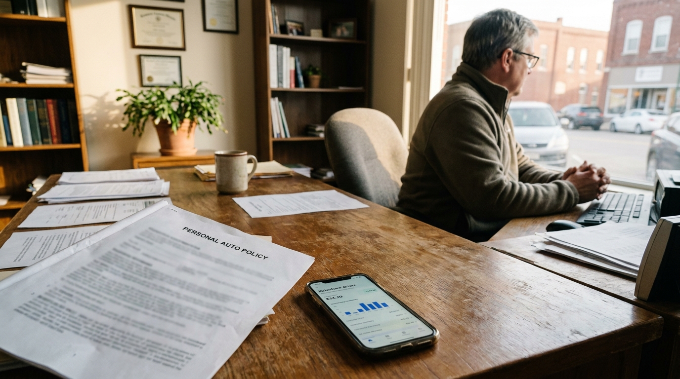 Personal auto policy document and smartphone on attorney's desk in law office