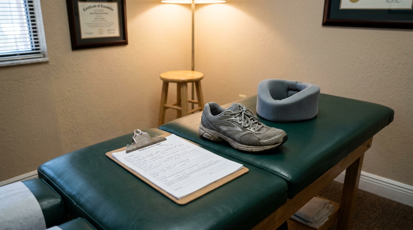 Medical Records Car Accident Injury Documentation Hollywood Florida medical intake form on clipboard, sneaker, and neck brace on treatment table