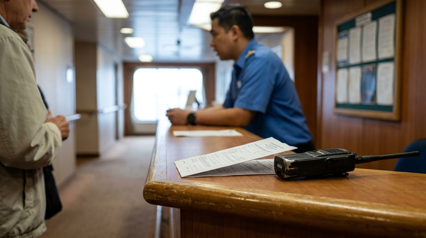 uniformed cruise ship crew member at service desk with walkie-talkie and documents