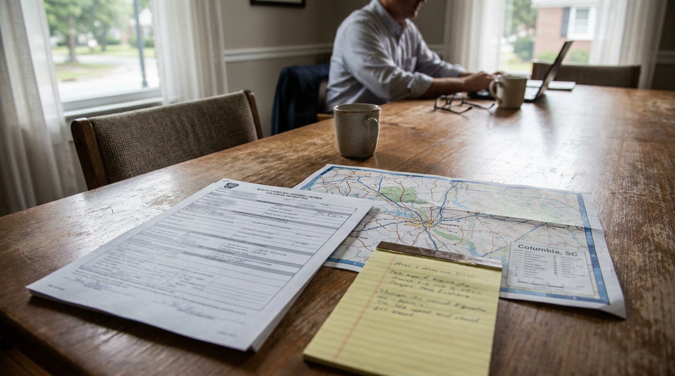 Columbia SC Truck Accident Claim Documents and Map South Carolina Highway Patrol collision report, Columbia SC map, and handwritten notes on table