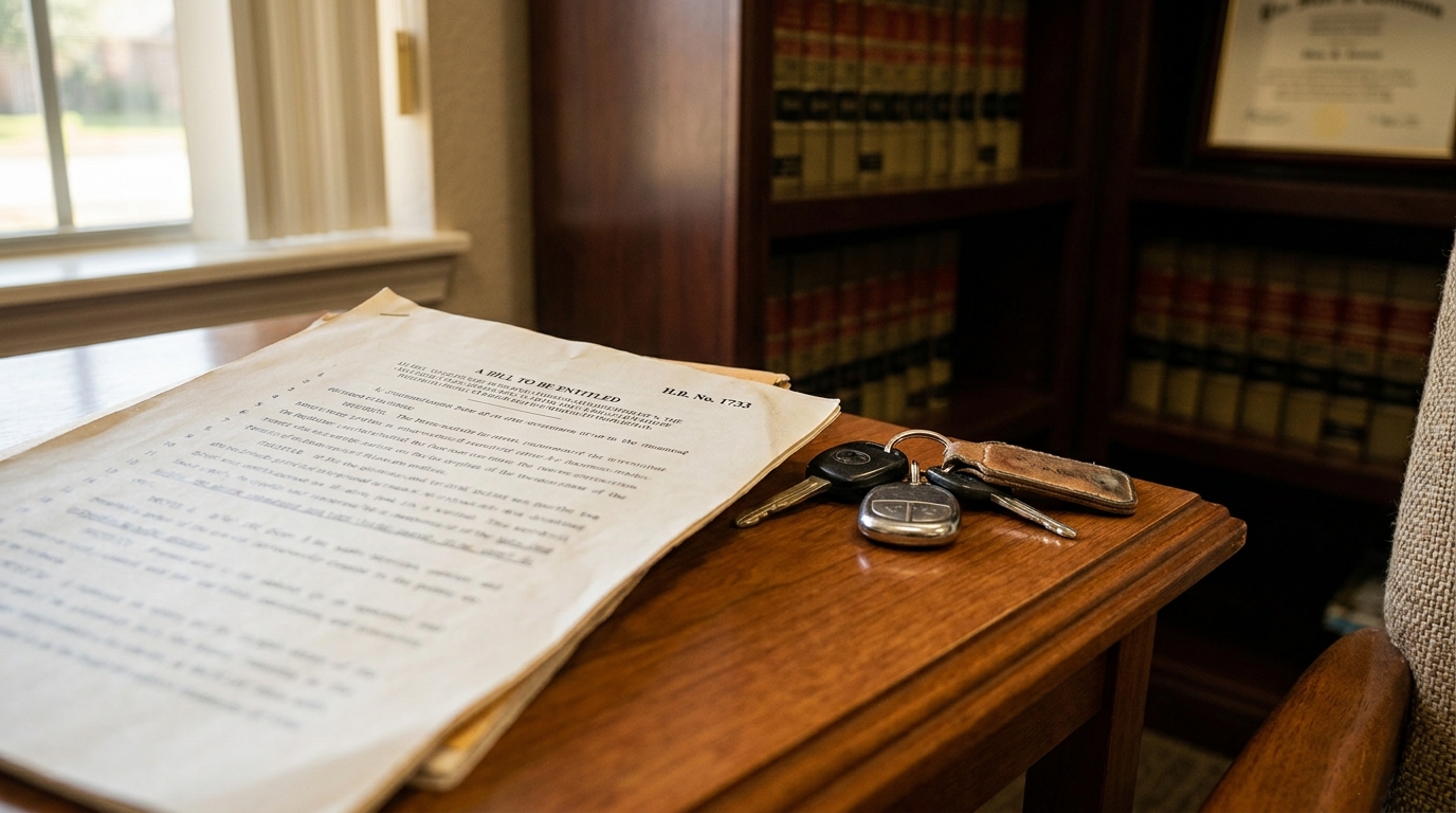 Texas HB 1733 Rideshare Law Document Houston Attorney Office legal bill document titled H.R. No. 1733 and car keys on wooden desk