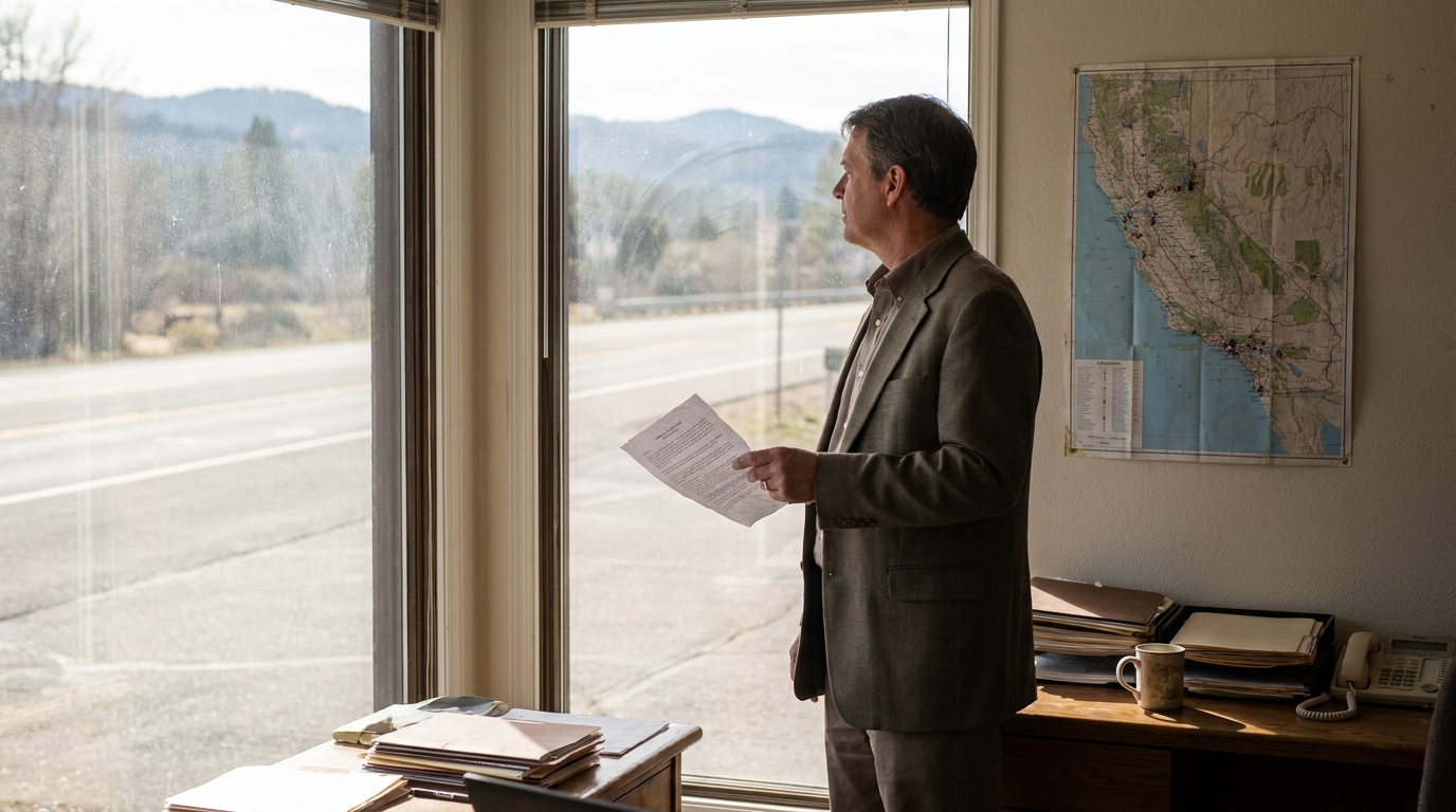 Placerville Car Accident Lawyer Reviewing Insurance Settlement Offer attorney standing in office holding document beside California map on wall